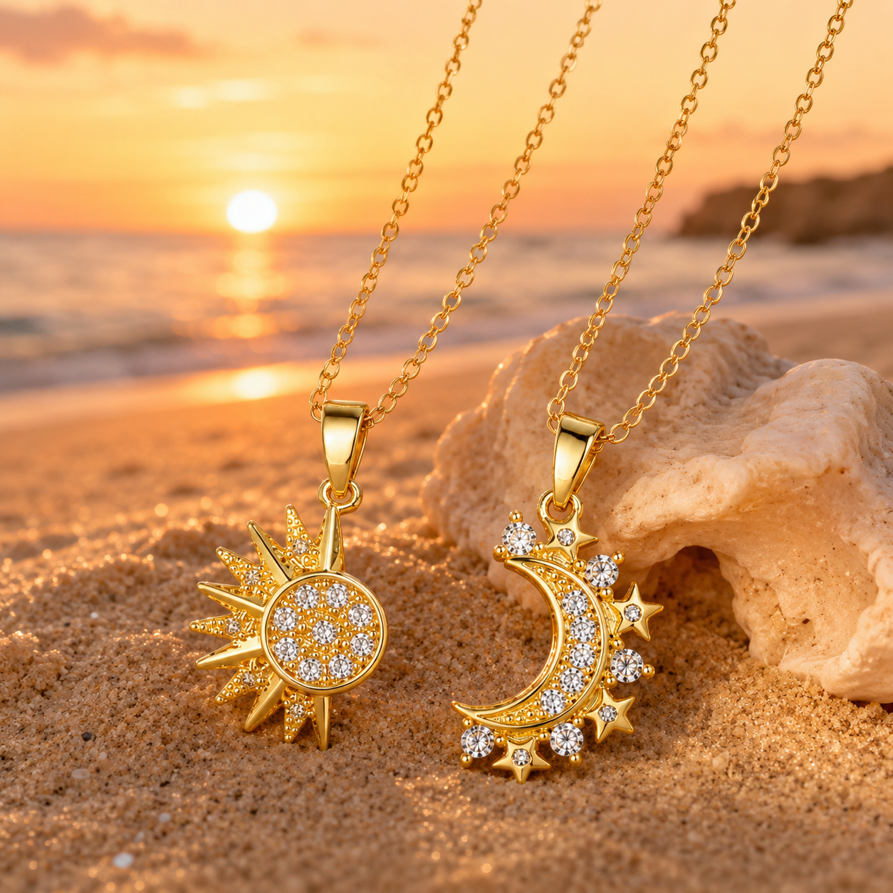 S925 Sterling Silver Sun & Moon Couple Necklaces with Cubic Zirconia（2 Ways to Wear）