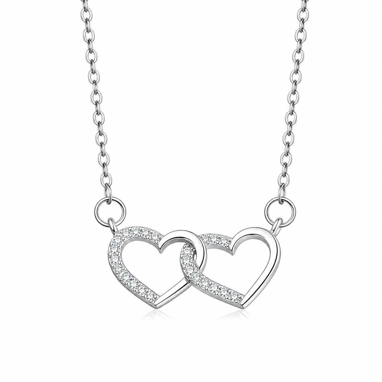 925 Sterling Silver Double Heart Necklace with Cubic Zirconia for Women