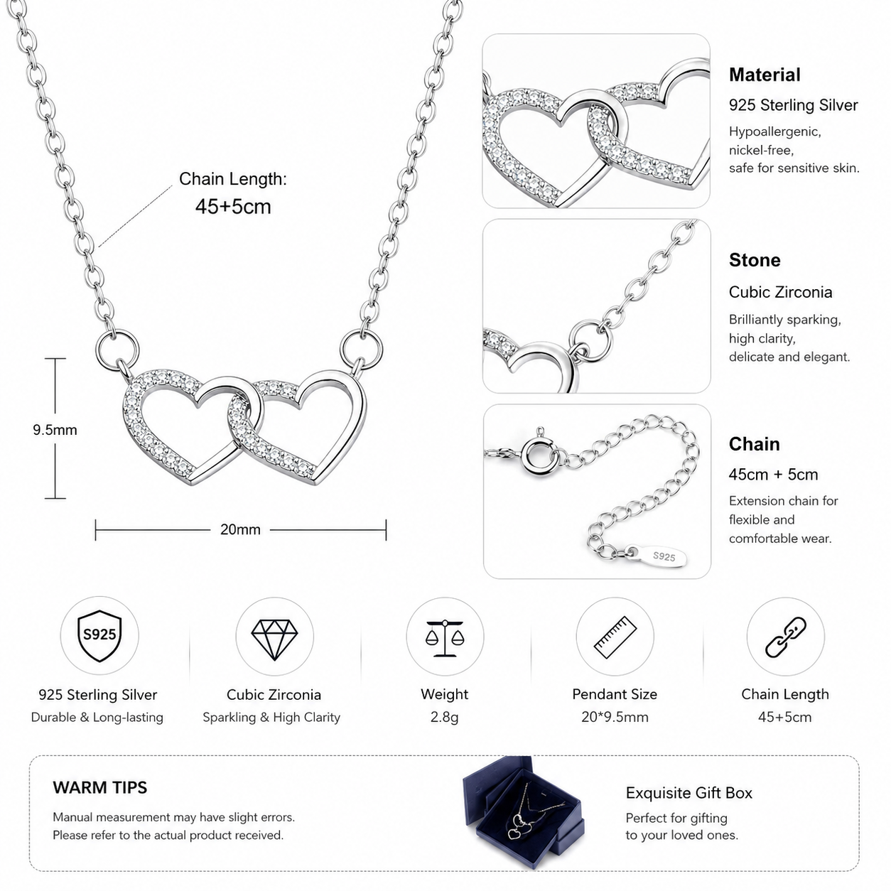 925 Sterling Silver Double Heart Necklace with Cubic Zirconia for Women