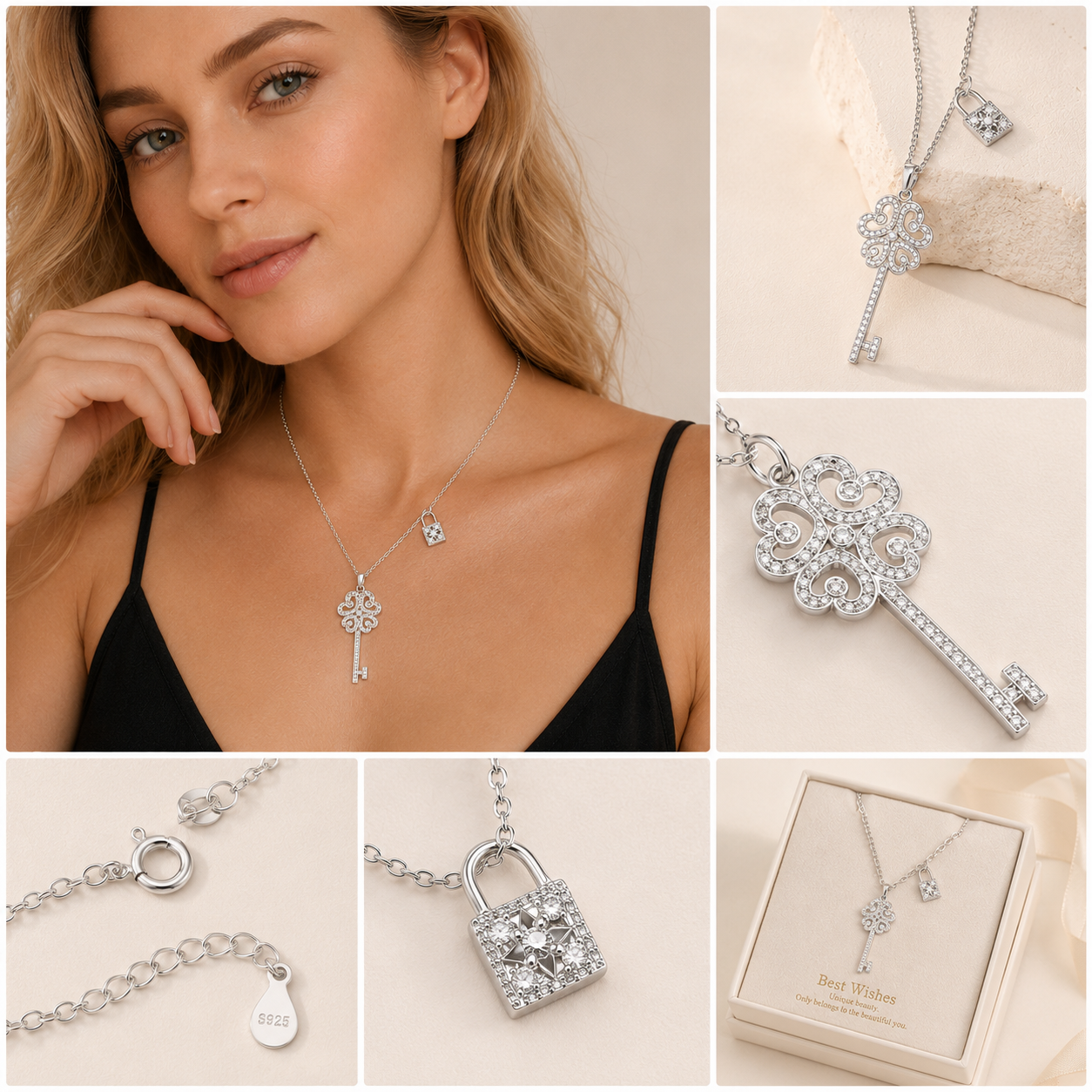 Women's 925 Sterling Silver Zircon Key Pendant Necklace – Jewelry Gift