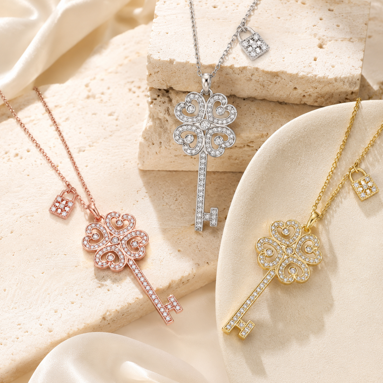 Women's 925 Sterling Silver Zircon Key Pendant Necklace – Jewelry Gift