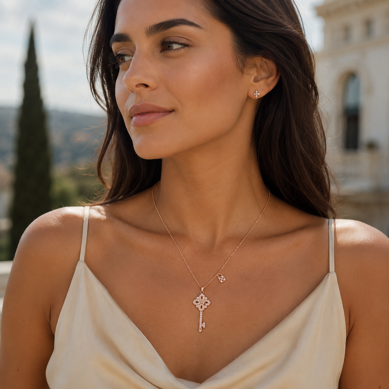 Women's 925 Silver and Zircon Key Pendant Necklace – Jewelry Gift