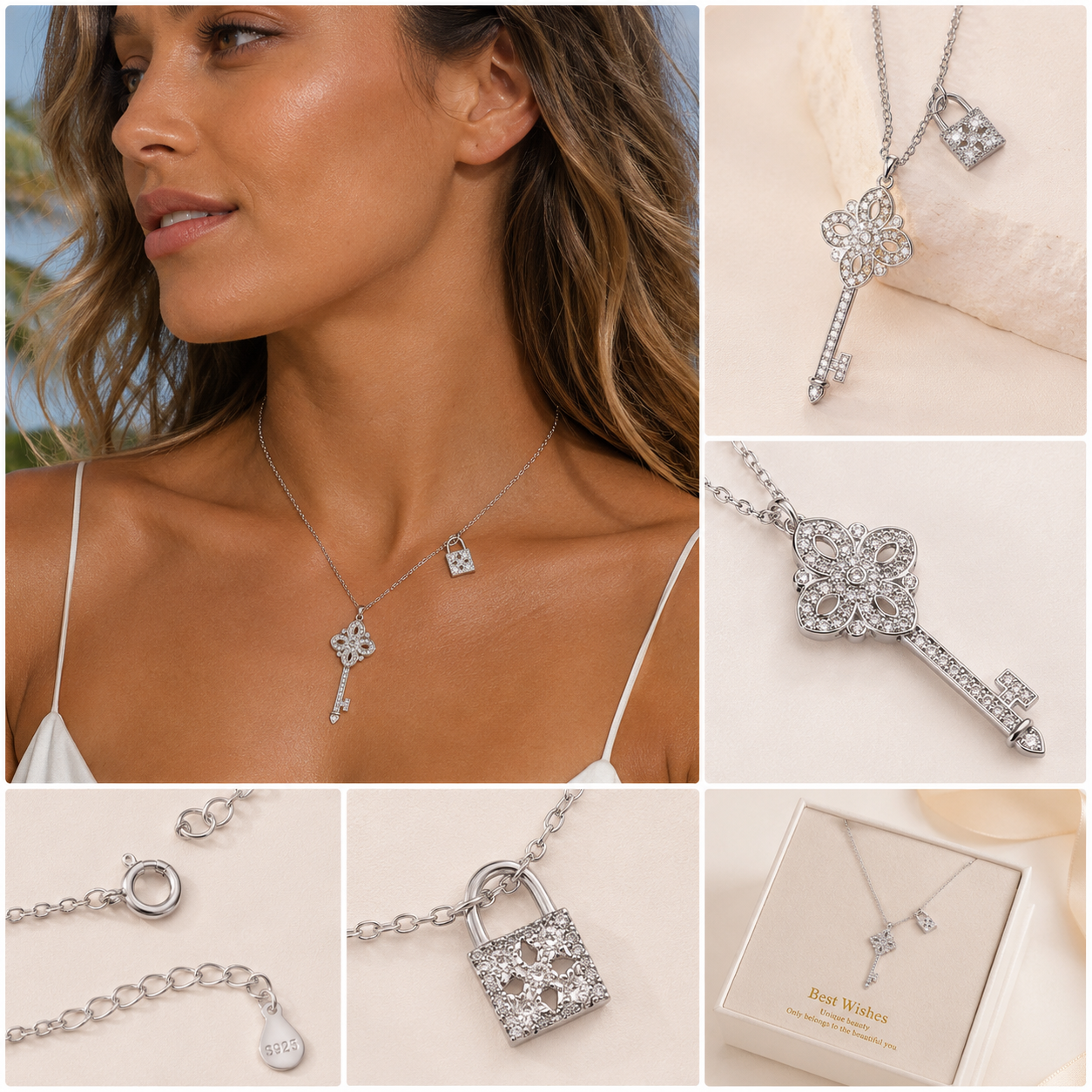 Women's 925 Silver and Zircon Key Pendant Necklace – Jewelry Gift