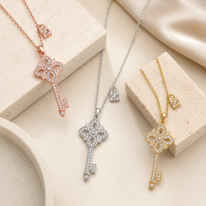 Women's 925 Silver and Zircon Key Pendant Necklace – Jewelry Gift