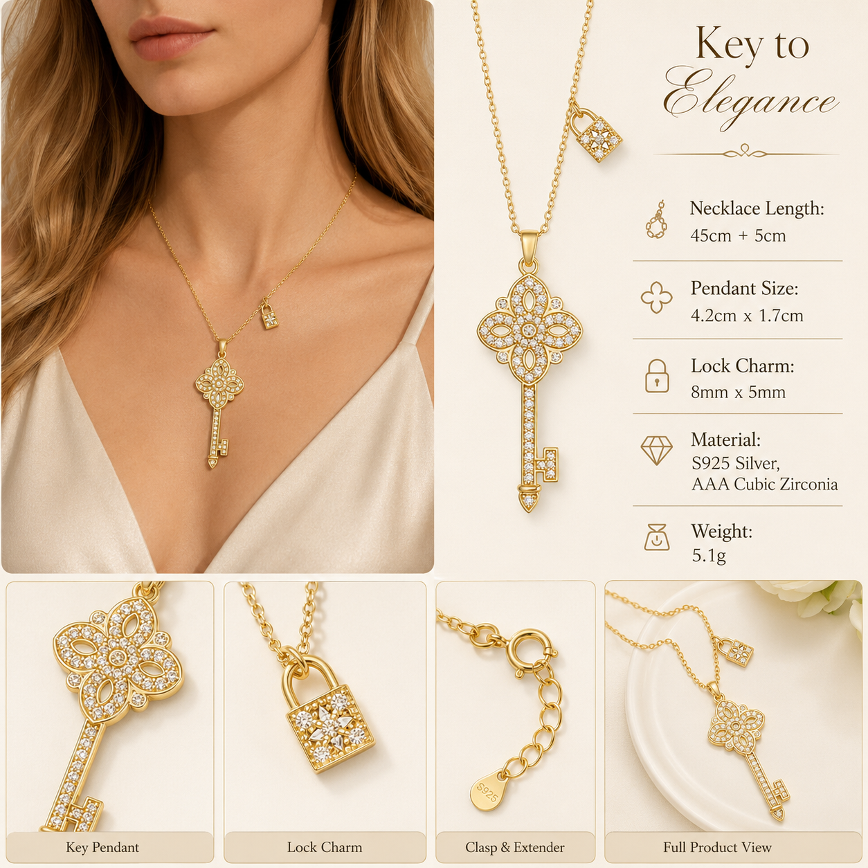 Women's 925 Silver and Zircon Key Pendant Necklace – Jewelry Gift