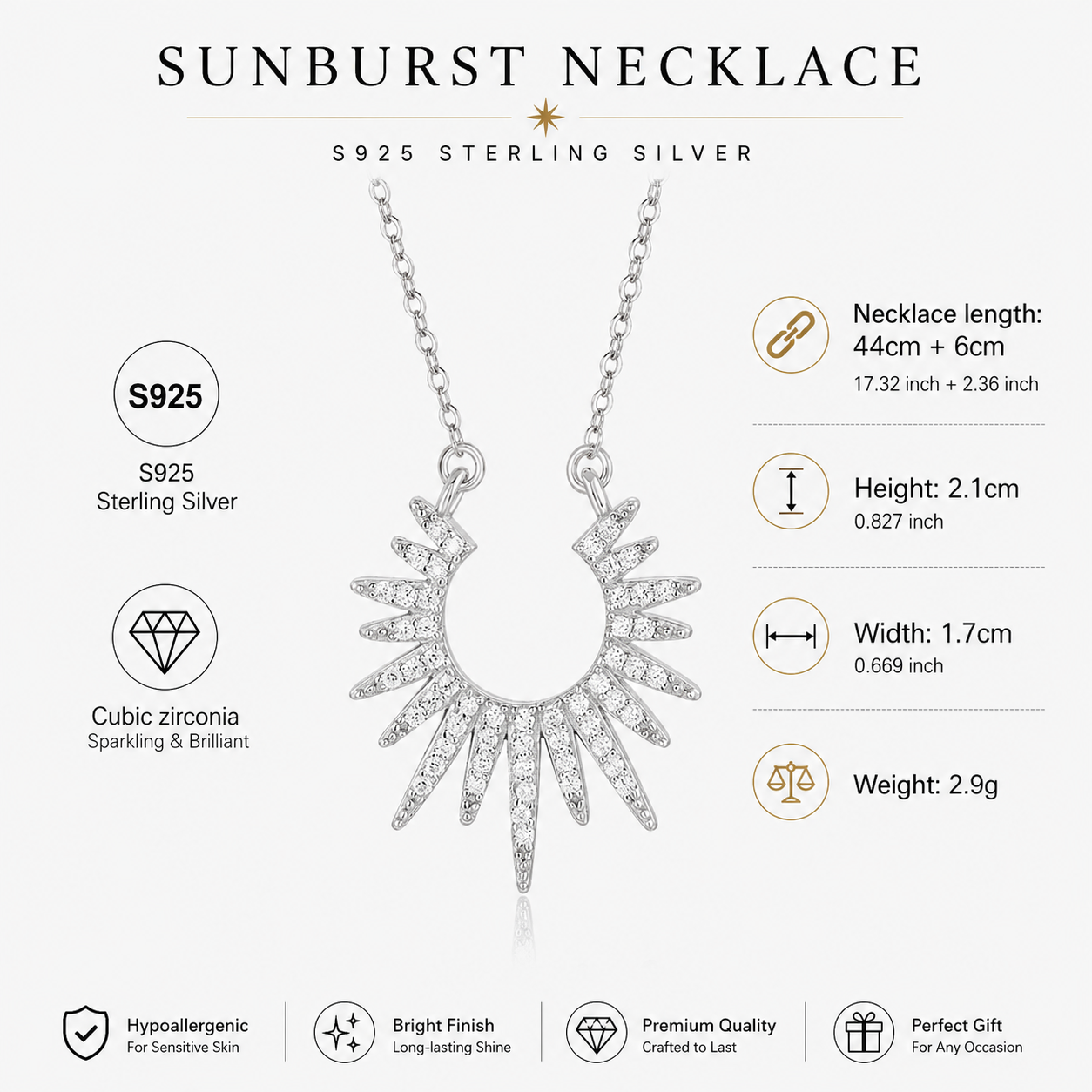 925 Sterling Silver Sunburst Necklace with Cubic Zirconia – Celestial Radiance Pendant Jewelry