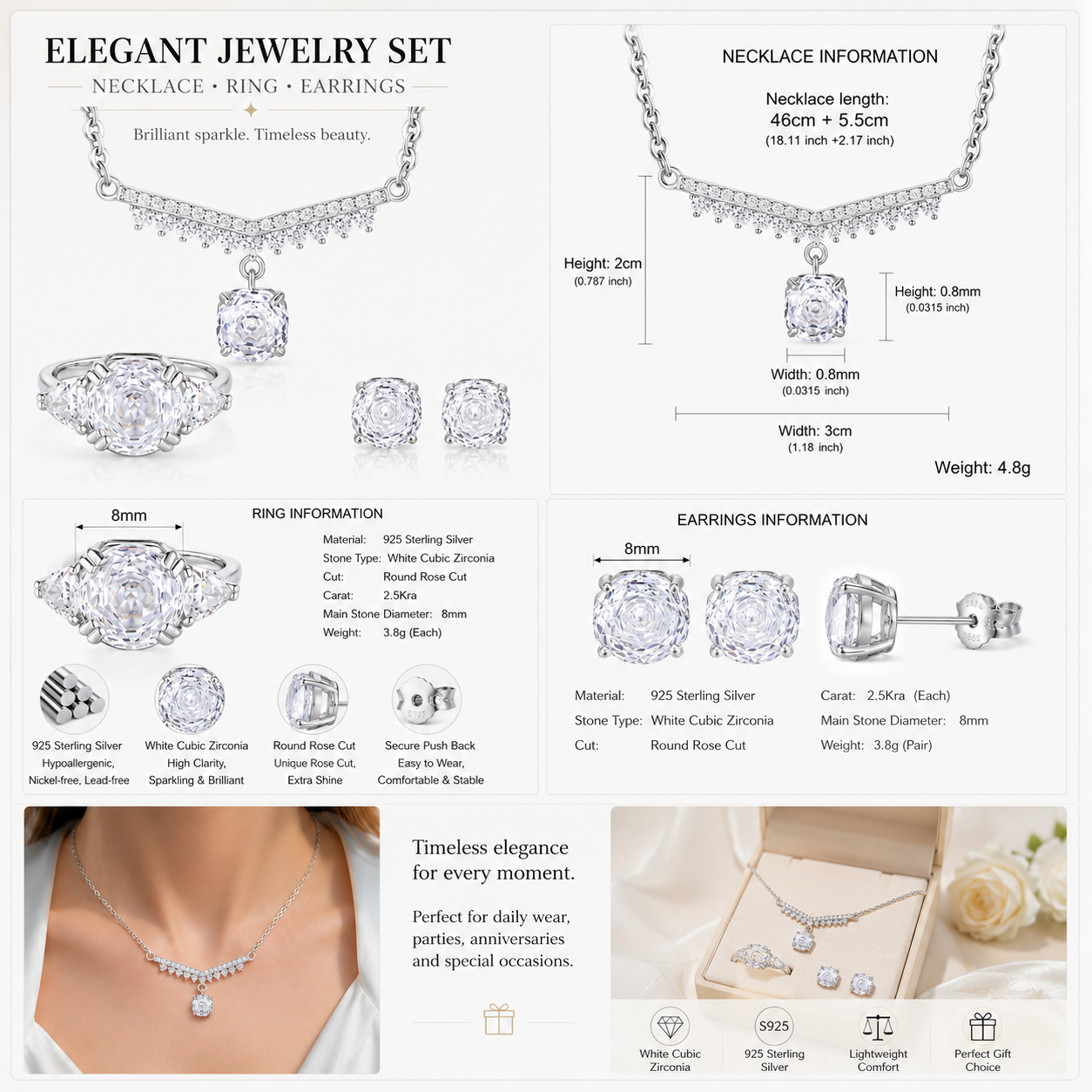 925 Sterling Silver White Zirconia Jewelry Set Necklace Ring Stud Earrings