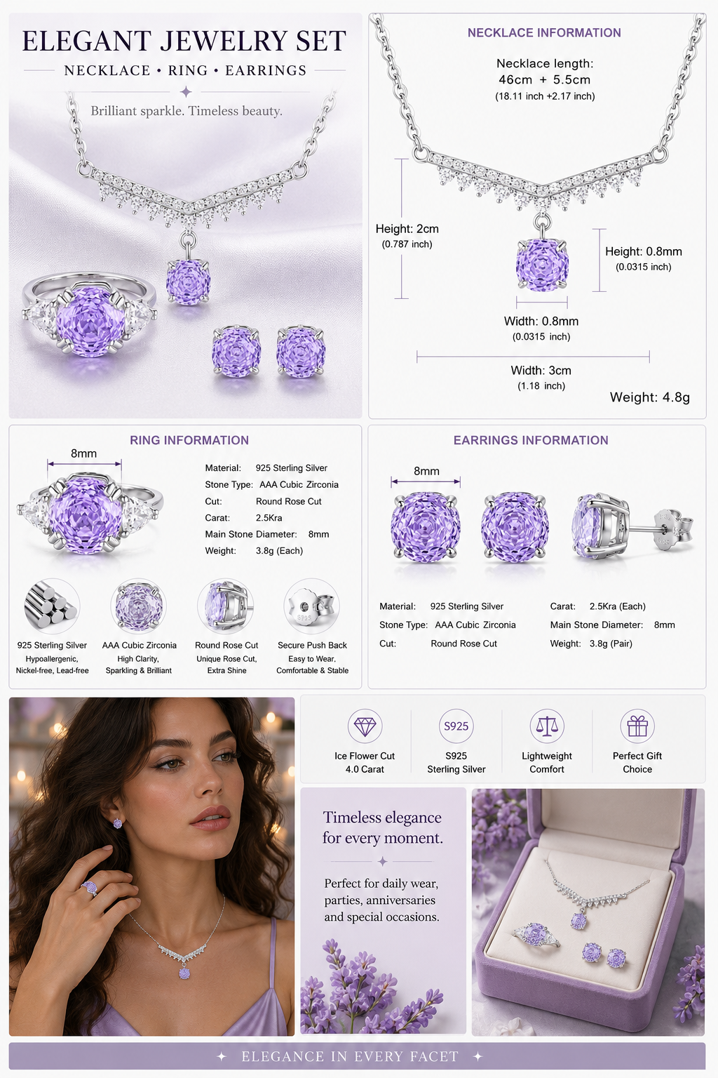 925 Sterling Silver Lavender Cubic Zirconia Jewelry Set with Necklace Ring and Stud Earrings