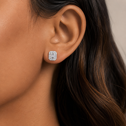 925 Sterling Silver Cubic Zirconia Square Stud Earrings (Unisex)