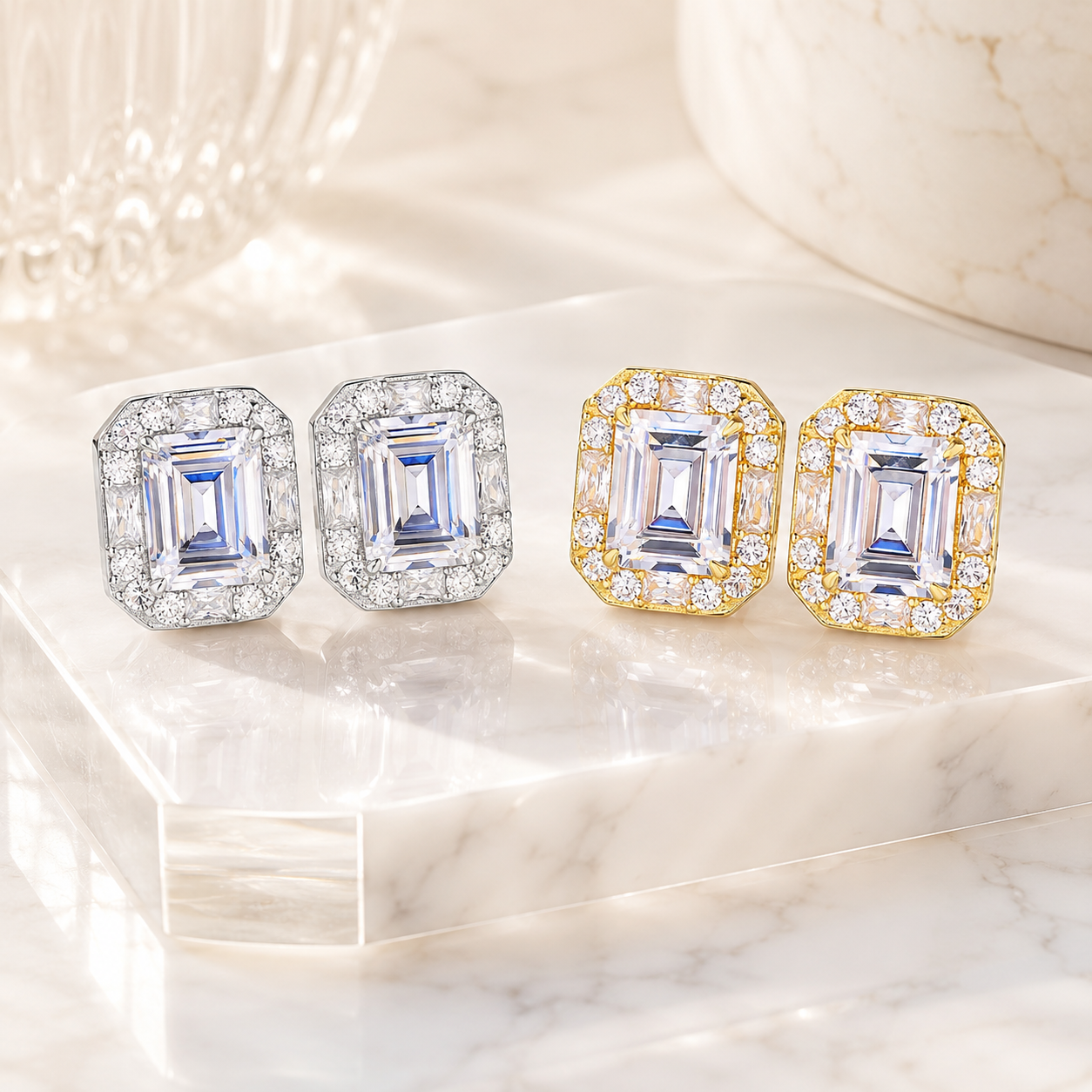 925 Sterling Silver Cubic Zirconia Square Stud Earrings (Unisex)