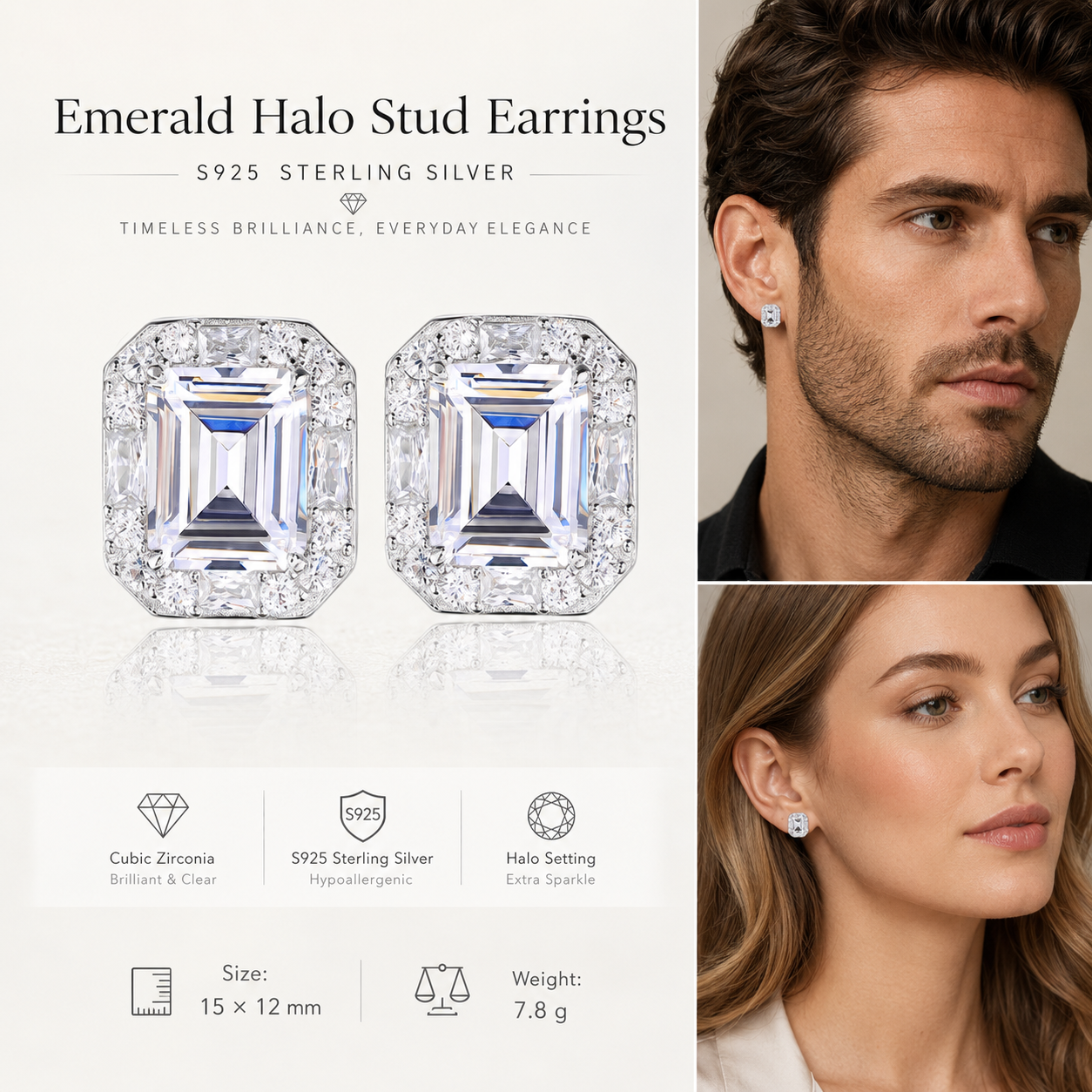 925 Sterling Silver Cubic Zirconia Square Stud Earrings (Unisex)