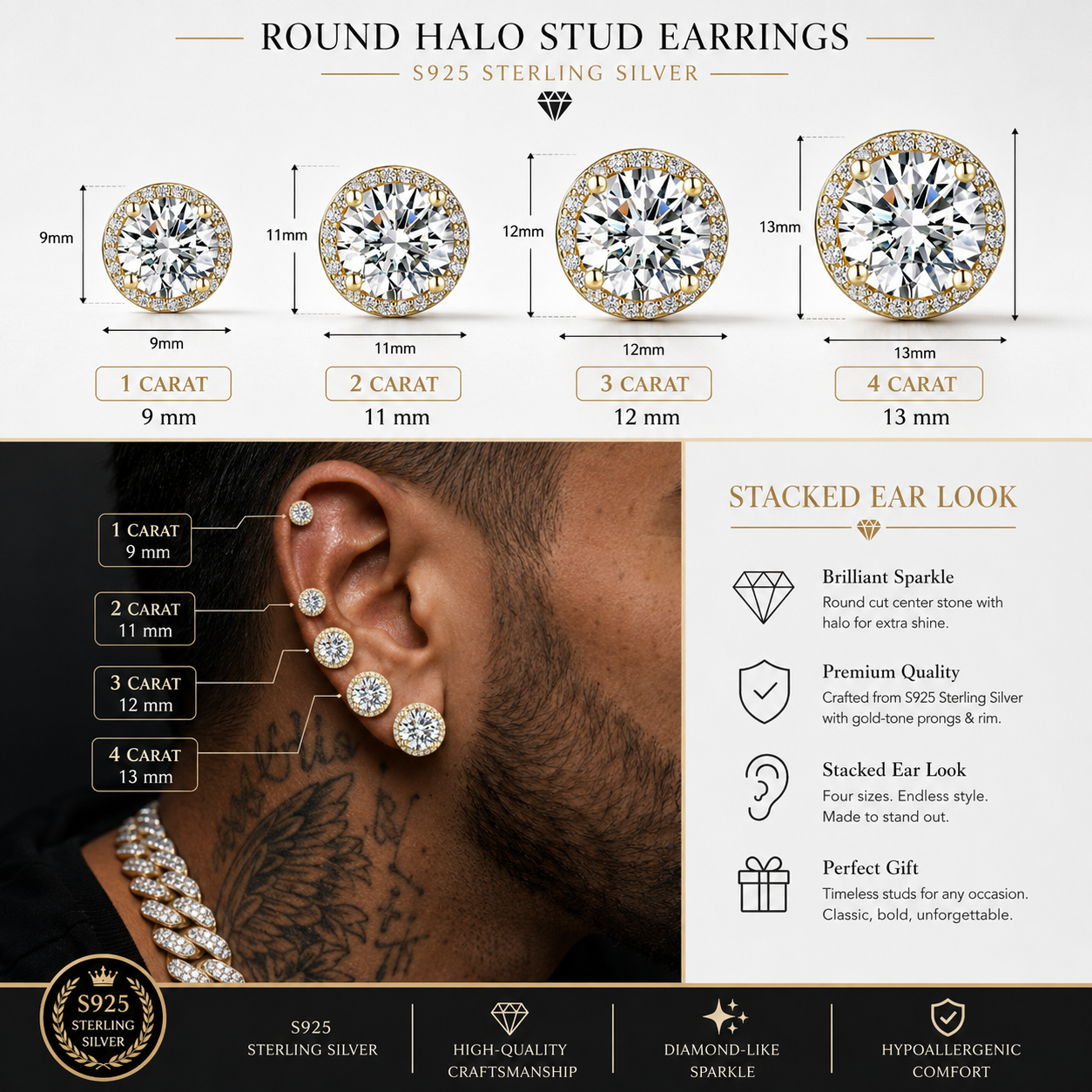 Classic 925 silver round cubic zirconia earrings, unisex style.