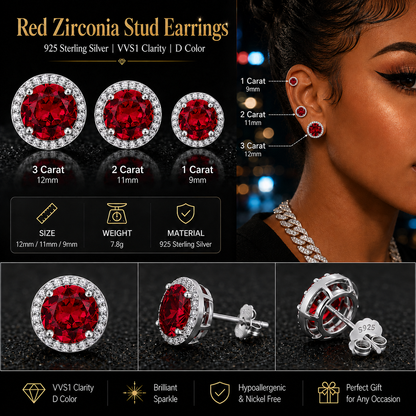 925 Sterling Silver Red Zircon Versatile Earrings – Unisex Design
