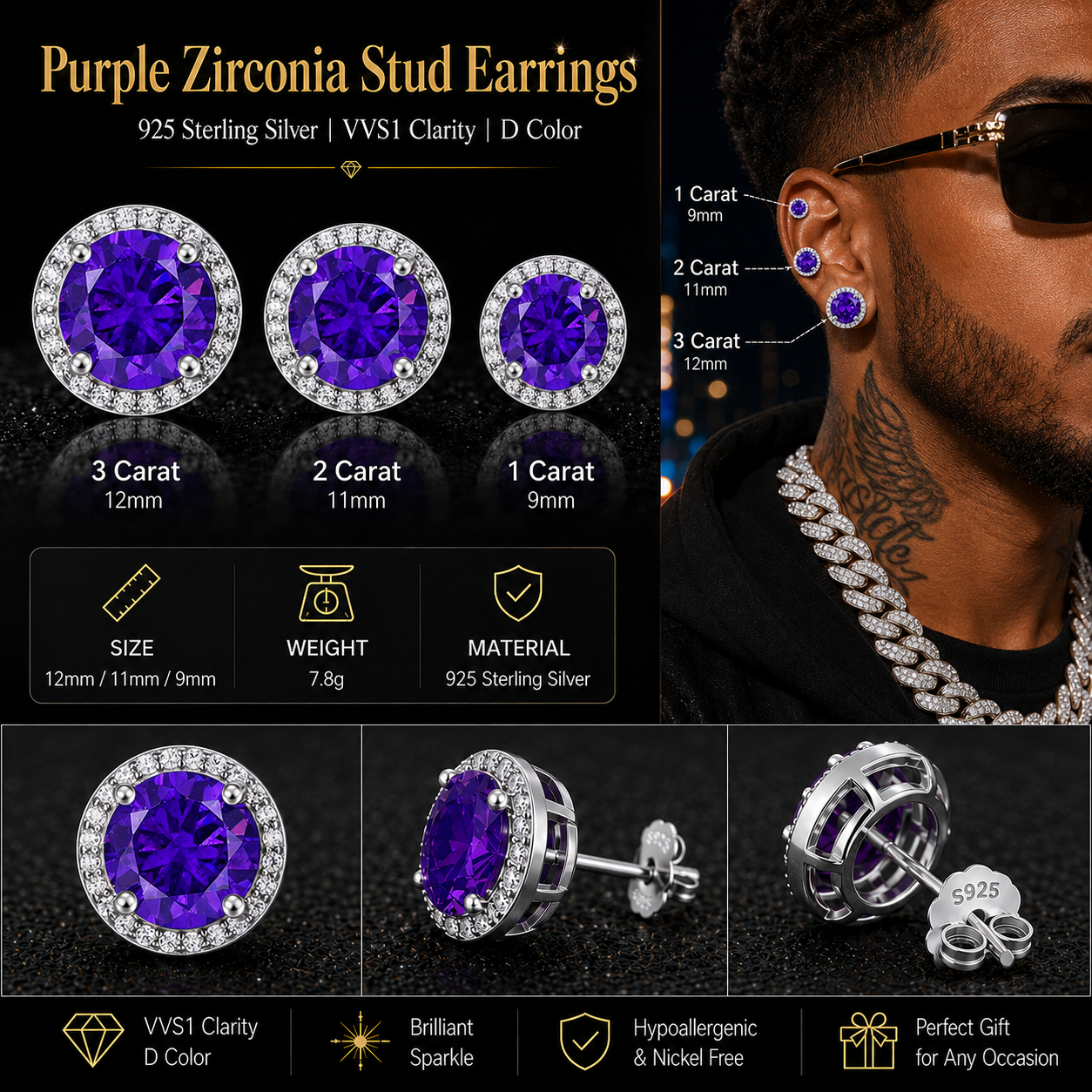 925 Sterling Silver & Purple Zircon Versatile Earrings (Unisex, 1–4 Carat)