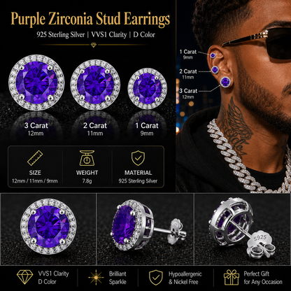925 Sterling Silver & Purple Zircon Versatile Earrings (Unisex, 1–4 Carat)