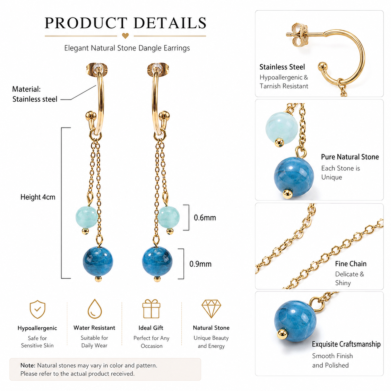 18K Gold-Plated Stainless Steel Nature Stone extension stack earrings