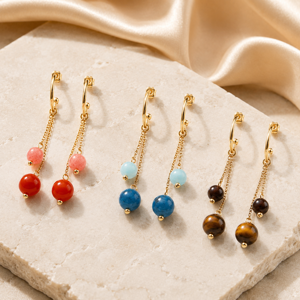 18K Gold-Plated Stainless Steel Nature Stone extension stack earrings