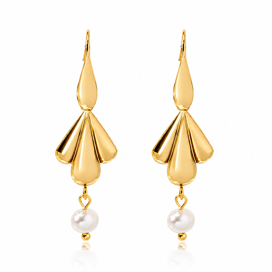 Stainless Steel 18K Gold-Plated Shell Pearl Petal Drop Earring Waterproof and Hypoallergenic