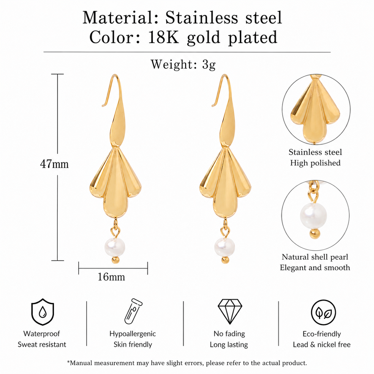 Stainless Steel 18K Gold-Plated Shell Pearl Petal Drop Earring Waterproof and Hypoallergenic