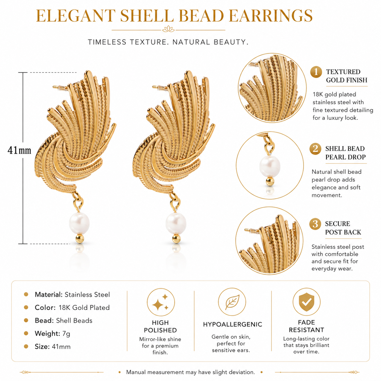 Stainless Steel 18K Gold-Plated Shell Pearl Textured Drop Earring Waterproof and Hypoallergenic