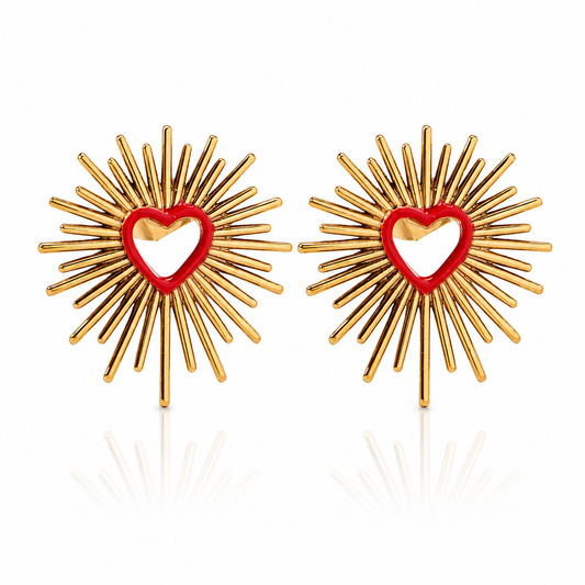 18K Gold Plated Red Enamel Sunburst Heart Stud Earrings | Waterproof & Hypoallergenic