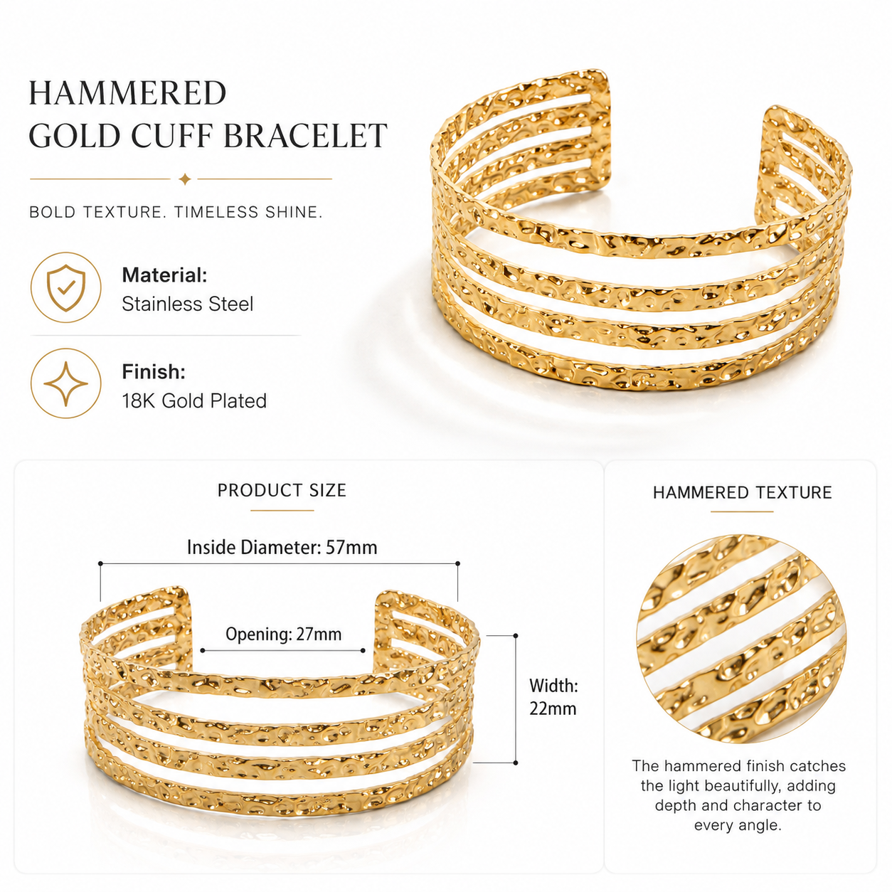 18K Gold Plated Hammered Cuff Bracelet Bangle – Waterproof & Hypoallergenic Stainless Steel