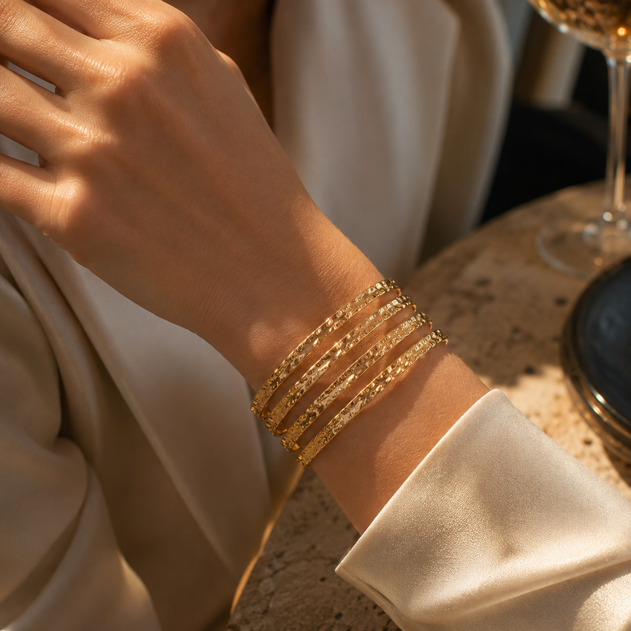 18K Gold Plated Hammered Cuff Bracelet Bangle – Waterproof & Hypoallergenic Stainless Steel