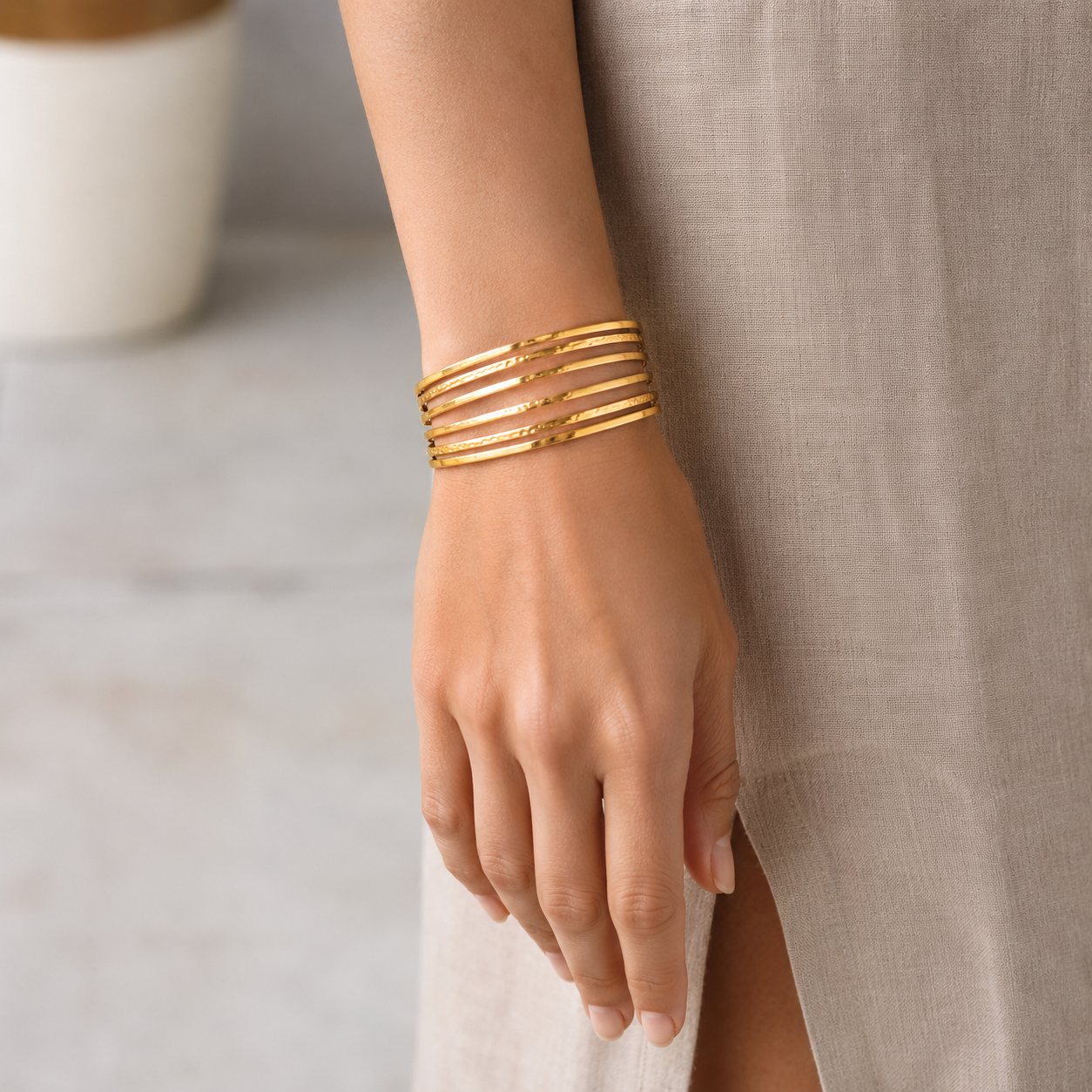 Waterproof Hypoallergenic 18K Gold Plated Stainless Steel Layered Cuff Bracelet Bangle