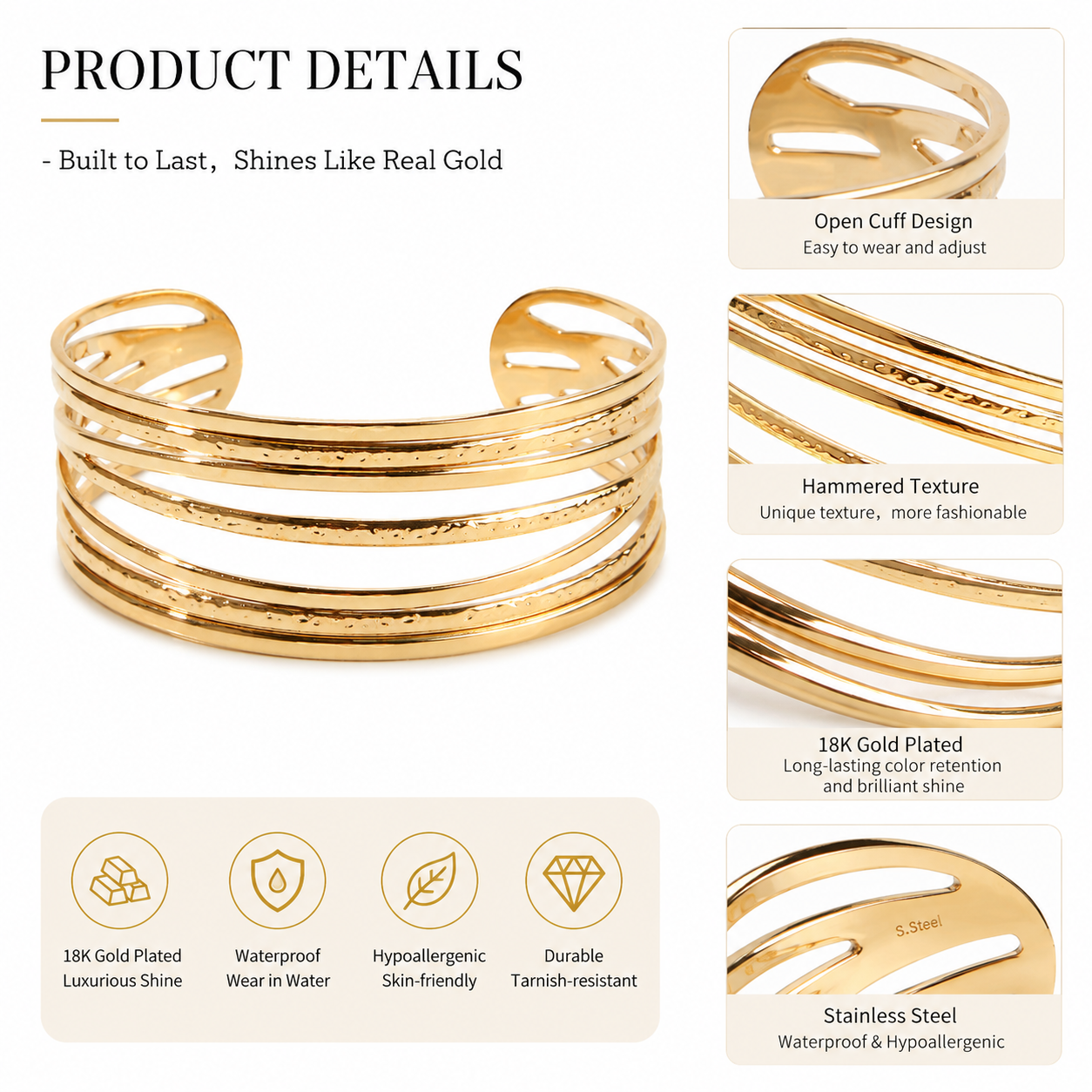 Waterproof Hypoallergenic 18K Gold Plated Stainless Steel Layered Cuff Bracelet Bangle