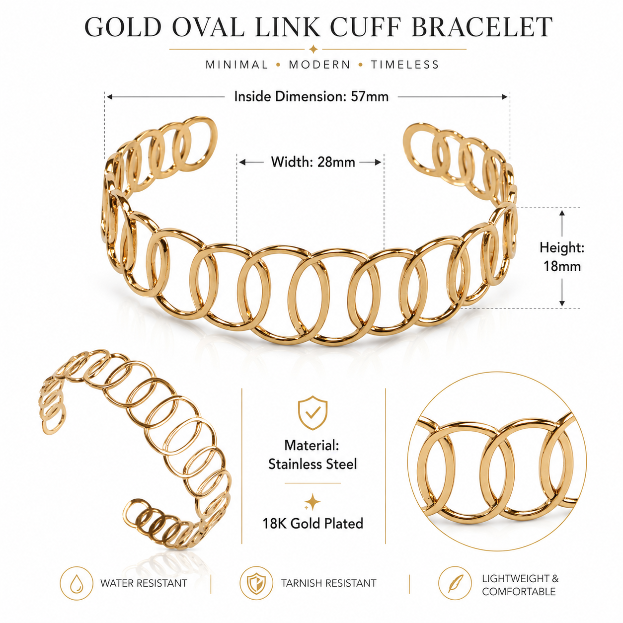 18K Gold Plated Stainless Steel Oval Link Cuff Bracelet Bangle – Waterproof, Tarnish-Resistant & Hypoallergenic