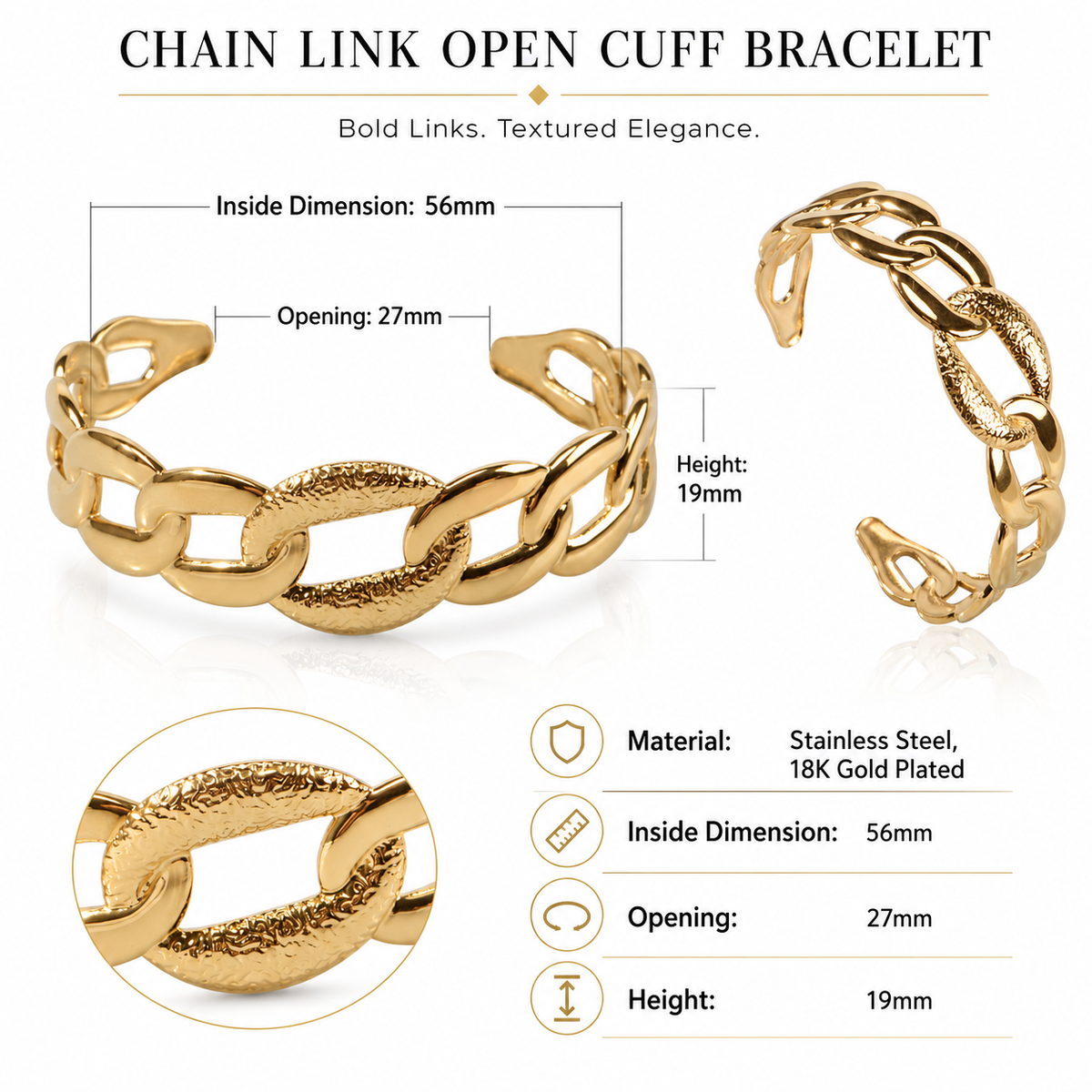 Waterproof Gold Chain Cuff Bangles for Women – 18K Gold Plated Stainless Steel, Hypoallergenic & Fade Resistant Everyday Jewelry
