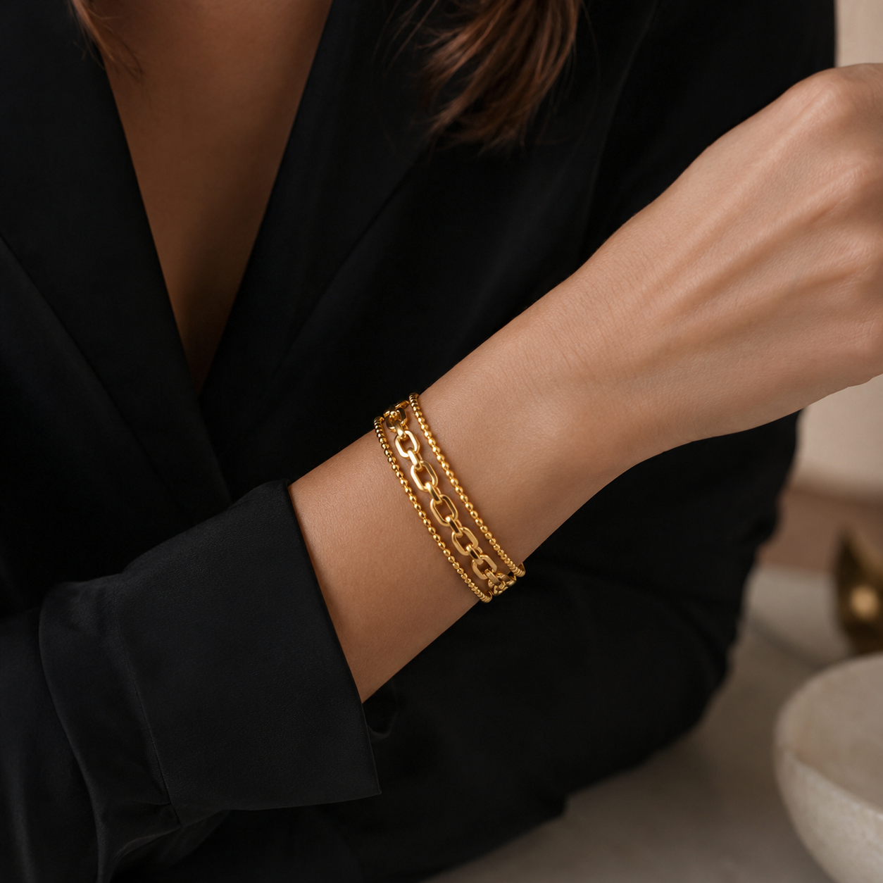 18K Gold Plated Layered Chain Cuff Bracelet | Waterproof Stainless Steel Bangle for Women