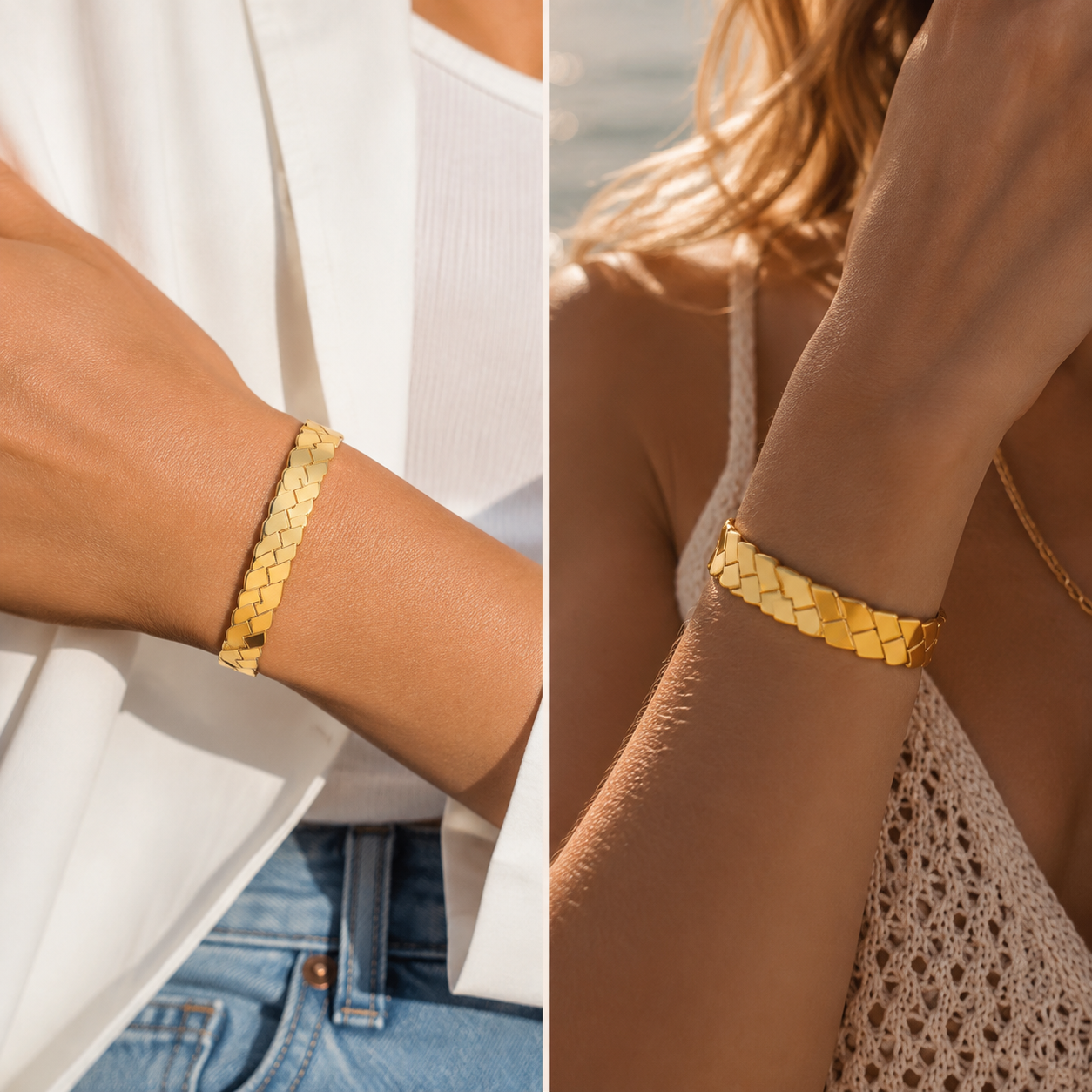 18K Gold Plated Woven Cuff Bracelet – Waterproof, Fade Resistant & Hypoallergenic Stainless Steel Jewelry