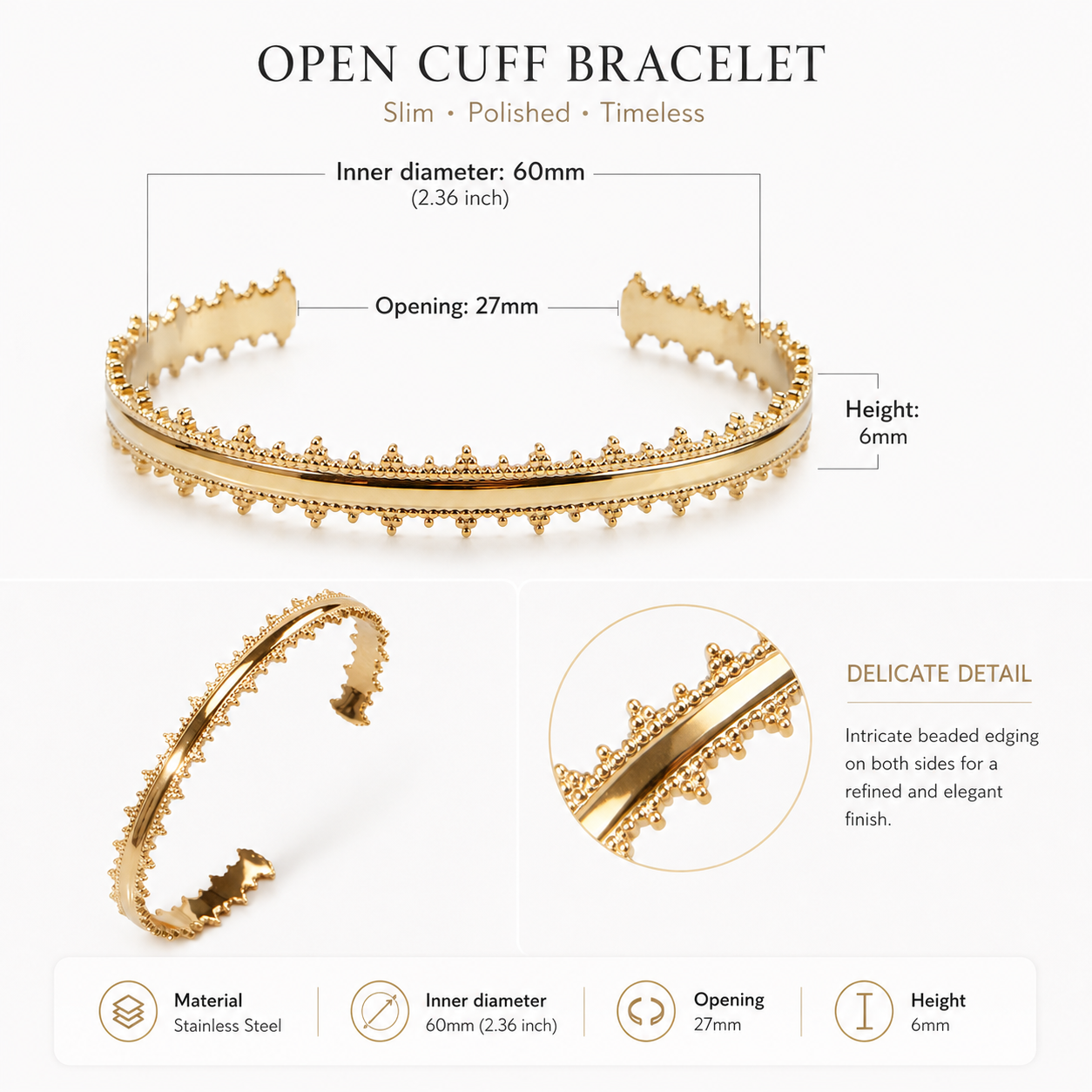 18K Gold Plated Stainless Steel  Cuff Bangles – Waterproof, Hypoallergenic & Tarnish Resistant