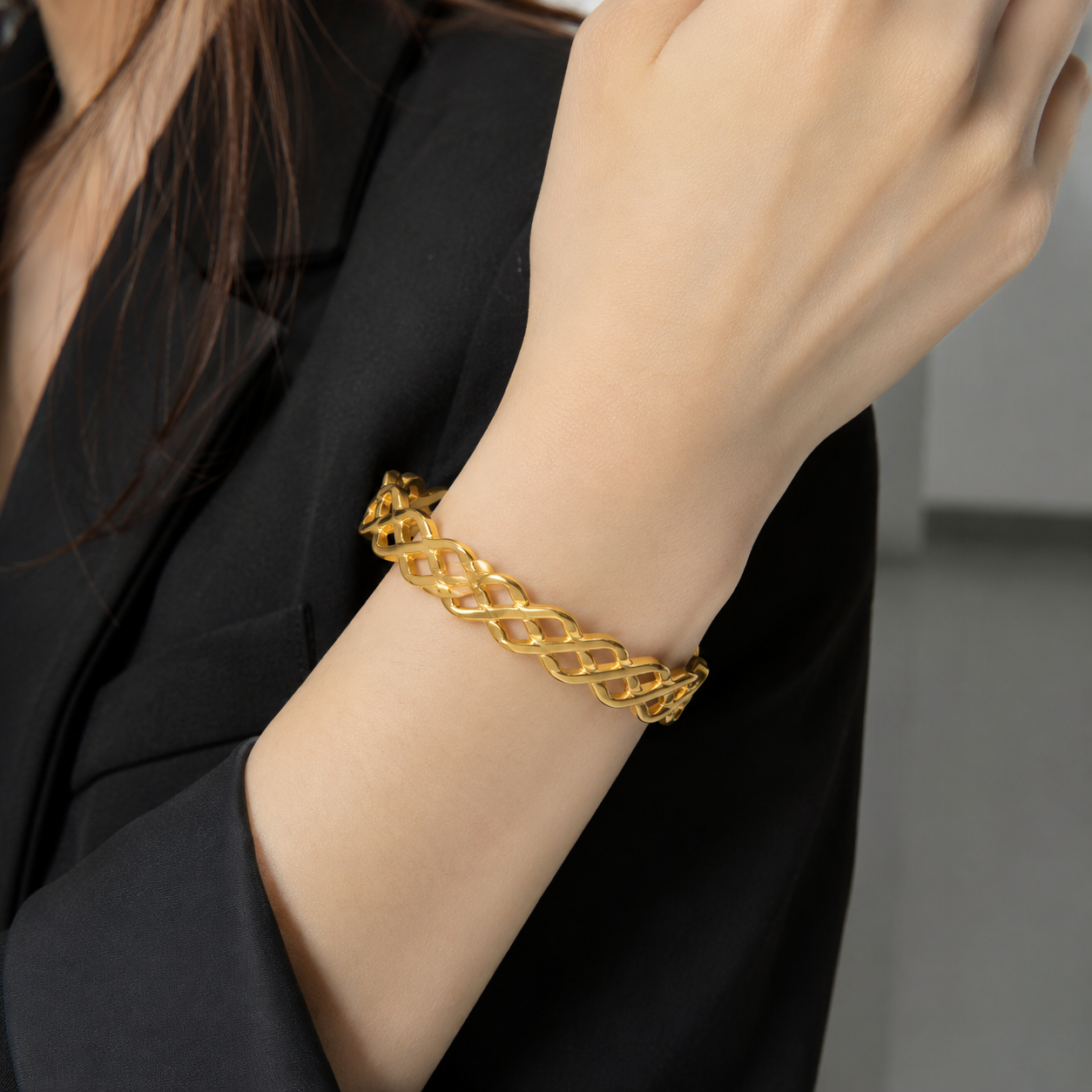 18K Gold Plated Stainless Steel Woven Cuff Bracelet | Waterproof Minimalist Open Bangle Jewelry