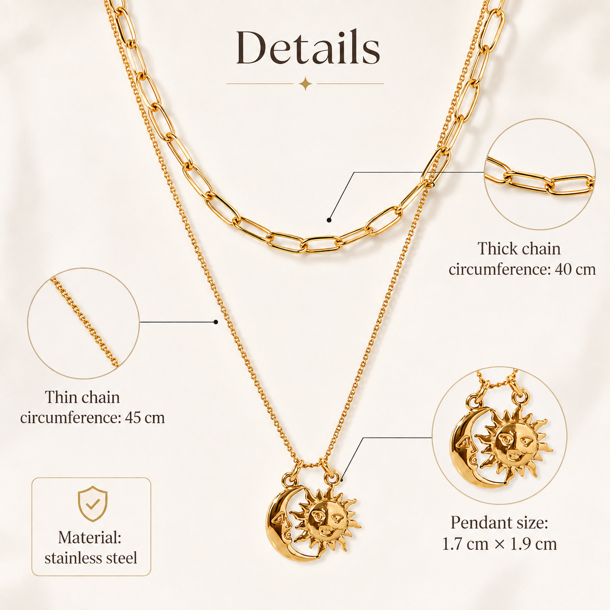 Stainless Steel 18K Gold-Plated Moon&Sun Stack Necklaces
