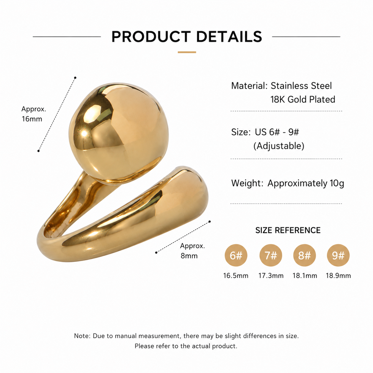Women Jewelry Stainless Steel 18K Gold-Plated Twisted Chunky Ring