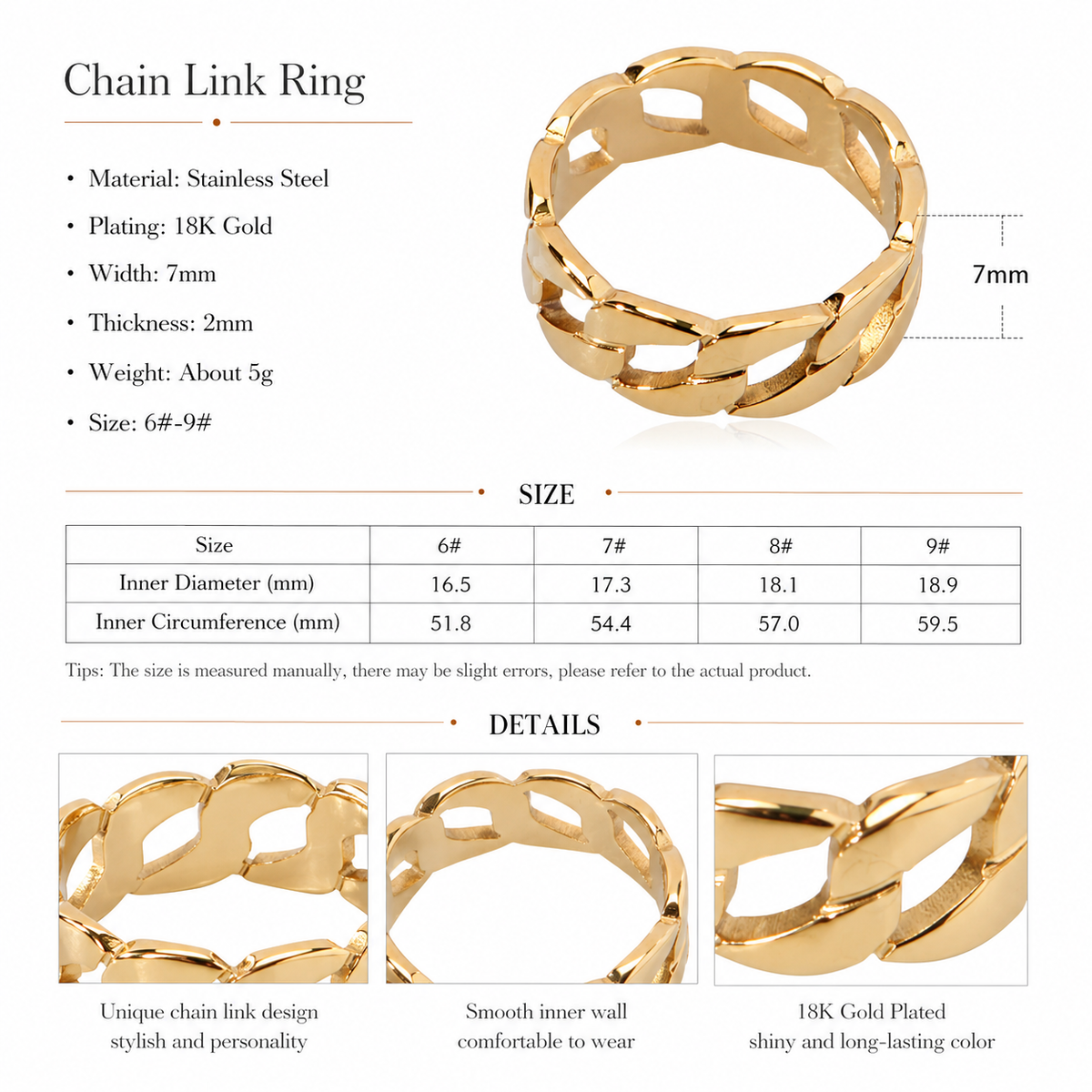 Stainless Steel 18K Gold-Plated  unisex chunky link Stainless Steel ring