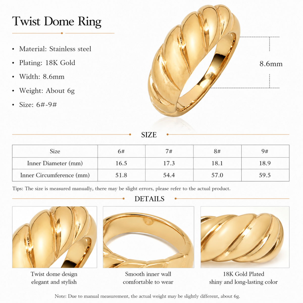 Stainless Steel 18K Gold-Plated Twisted ring