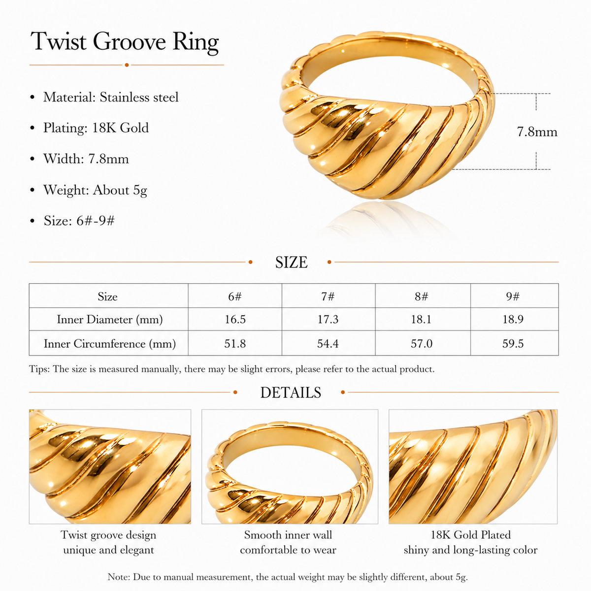 Stainless Steel Plating 18K Gold Twisted Chunky Ring Jewelry Gift