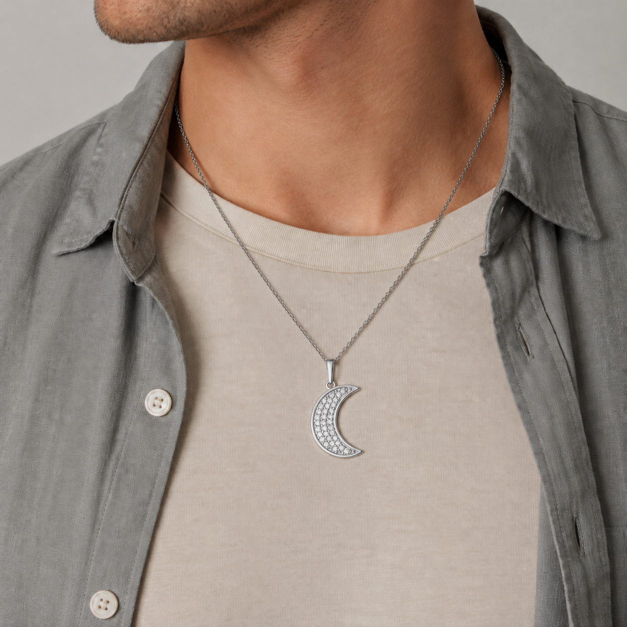 925 Sterling Silver Cubic Zirconia Moon & Star Two-Piece Pendant Necklace