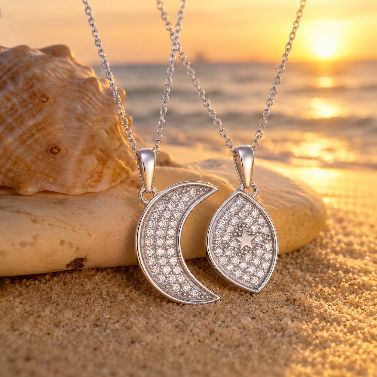 925 Sterling Silver Cubic Zirconia Moon & Star Two-Piece Pendant Necklace
