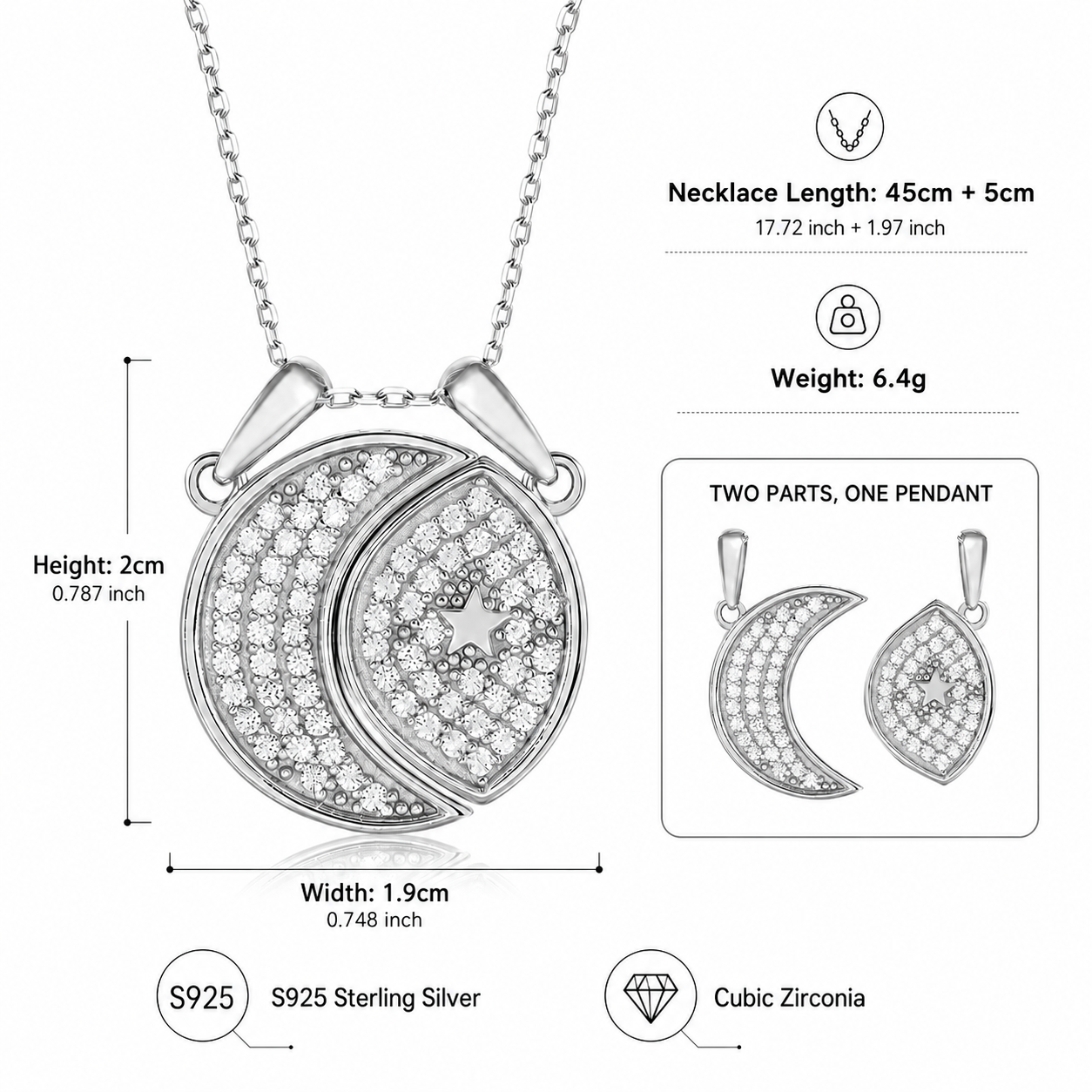 925 Sterling Silver Cubic Zirconia Moon & Star Two-Piece Pendant Necklace