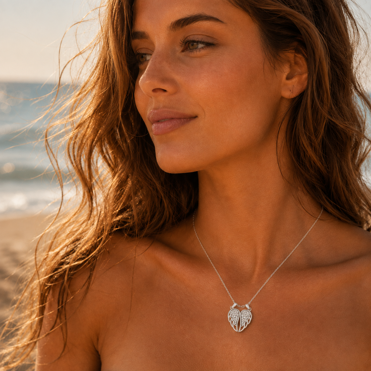 925 Sterling Silver CZ Split Angel Wing Necklace – Matching Two-Piece Heart Pendant for Couples