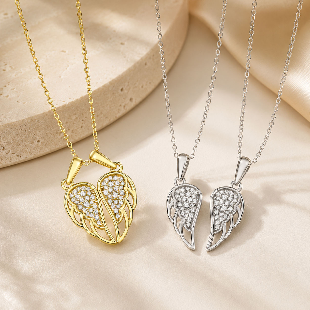 925 Sterling Silver CZ Split Angel Wing Necklace – Matching Two-Piece Heart Pendant for Couples