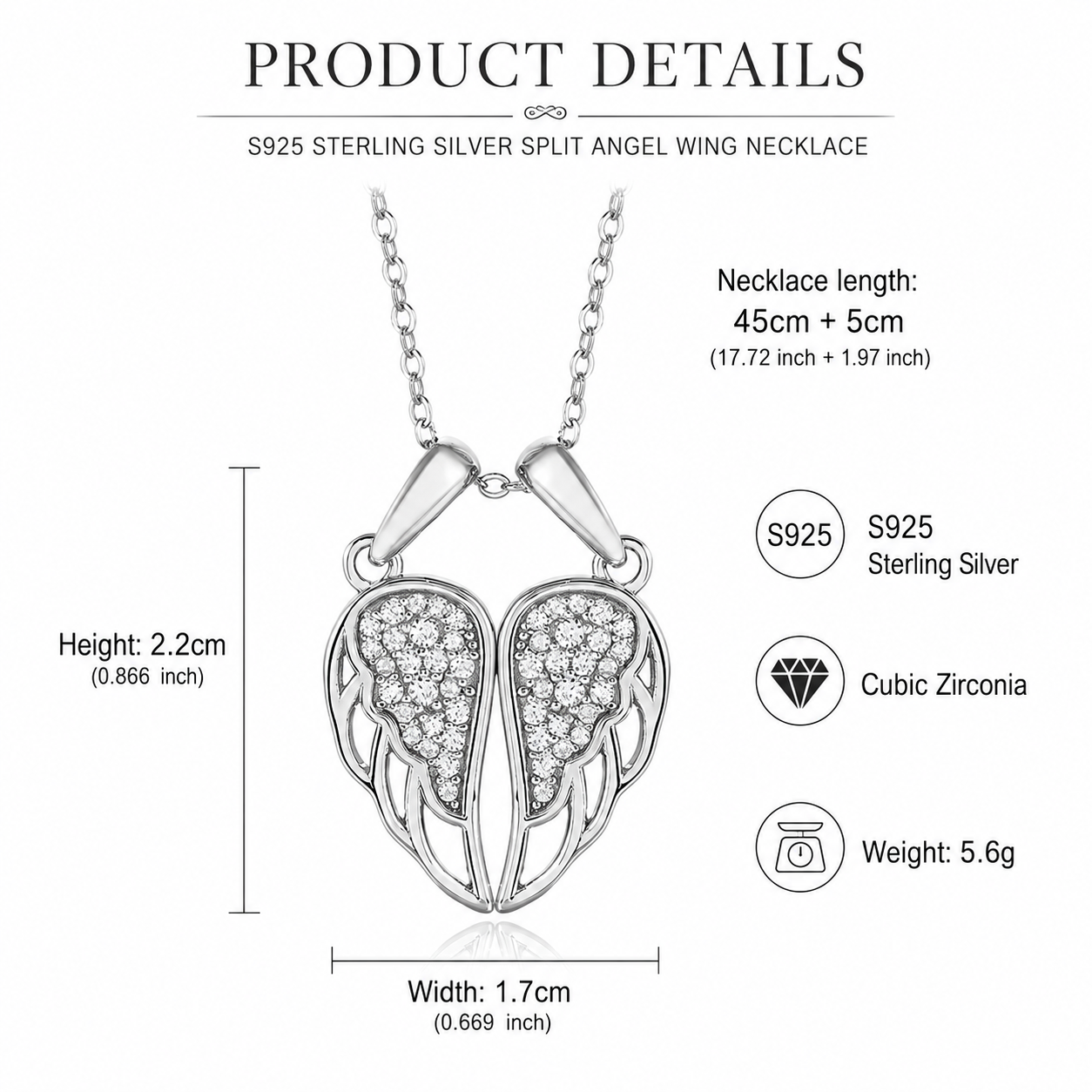 925 Sterling Silver CZ Split Angel Wing Necklace – Matching Two-Piece Heart Pendant for Couples