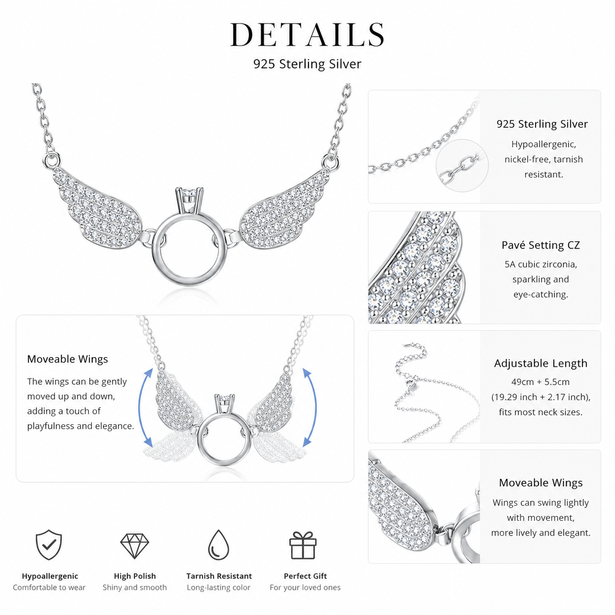 925 Sterling Silver CZ Angel Wing Necklace – Movable Wings Pendant for Women