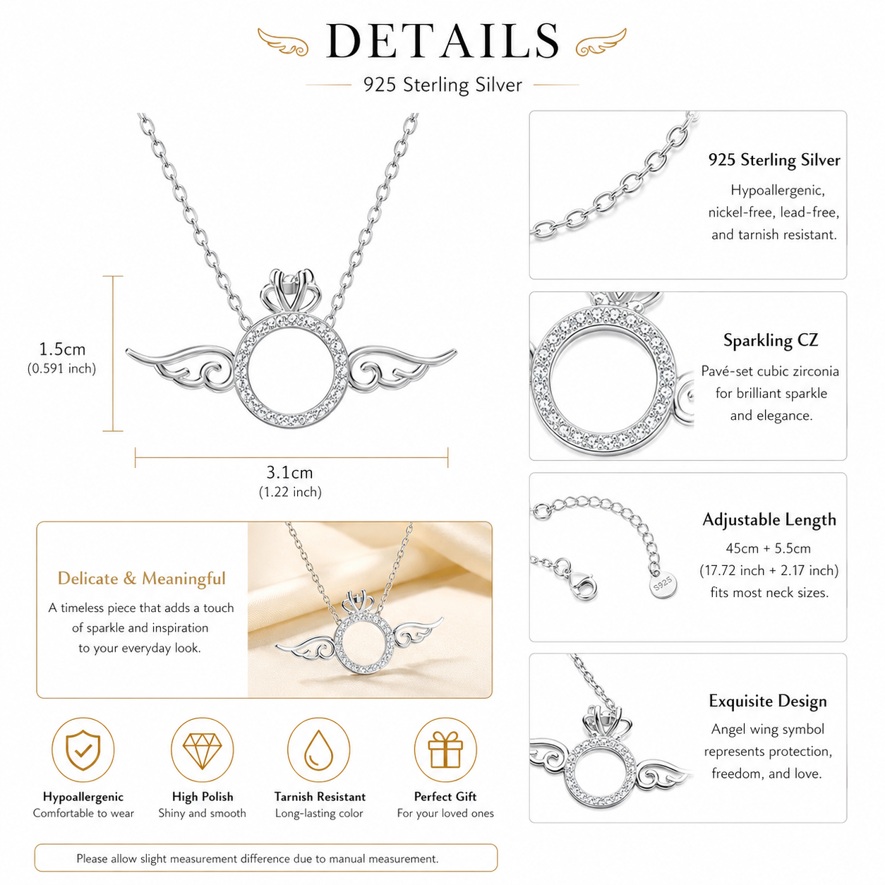Sparkling CZ Angel Wing Necklace – 925 Sterling Silver Gift for Her