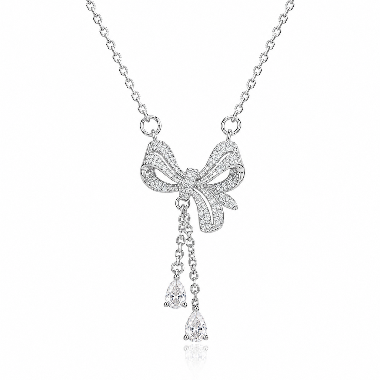 925 Sterling Silver Cubic Zirconia Bow Tassel Necklace – Elegant Dainty Pendant Jewelry for Women