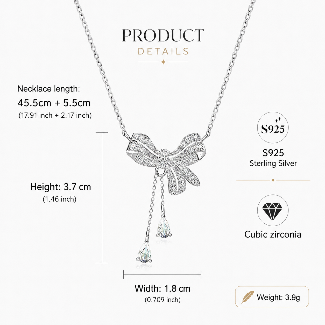 925 Sterling Silver Cubic Zirconia Bow Tassel Necklace – Elegant Dainty Pendant Jewelry for Women